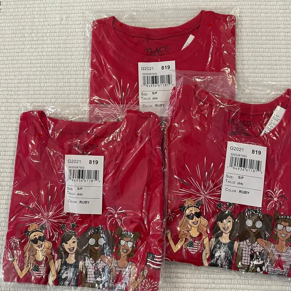 NWT Children's Place Girls Red 4th of July American Girl Squad Tee -SIZE S (5/6)